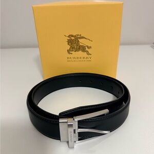 Burberry Black Leather Belt with Silver Buckle
